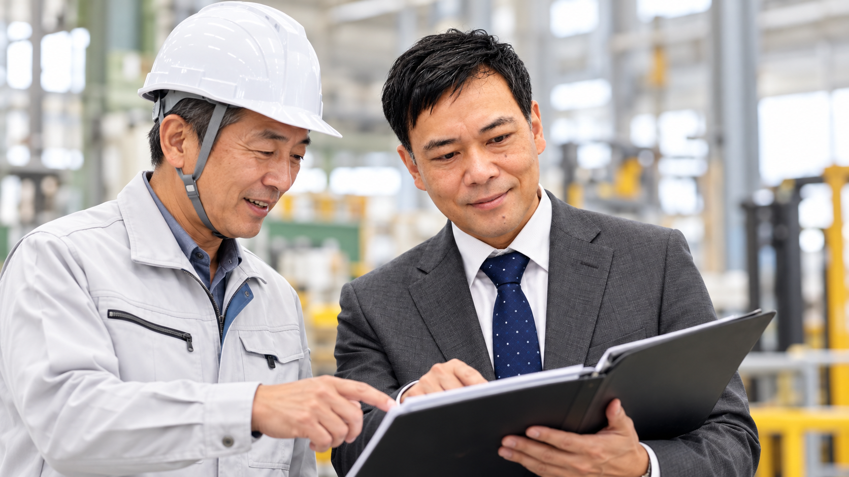 現場で書類を確認しながら打ち合わせをするイメージ